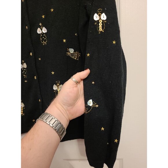 VTG Susan Bristol Embroidered Angel Black Cardigan Sweater SZ Med Christmas 2005 - Picture 4 of 9